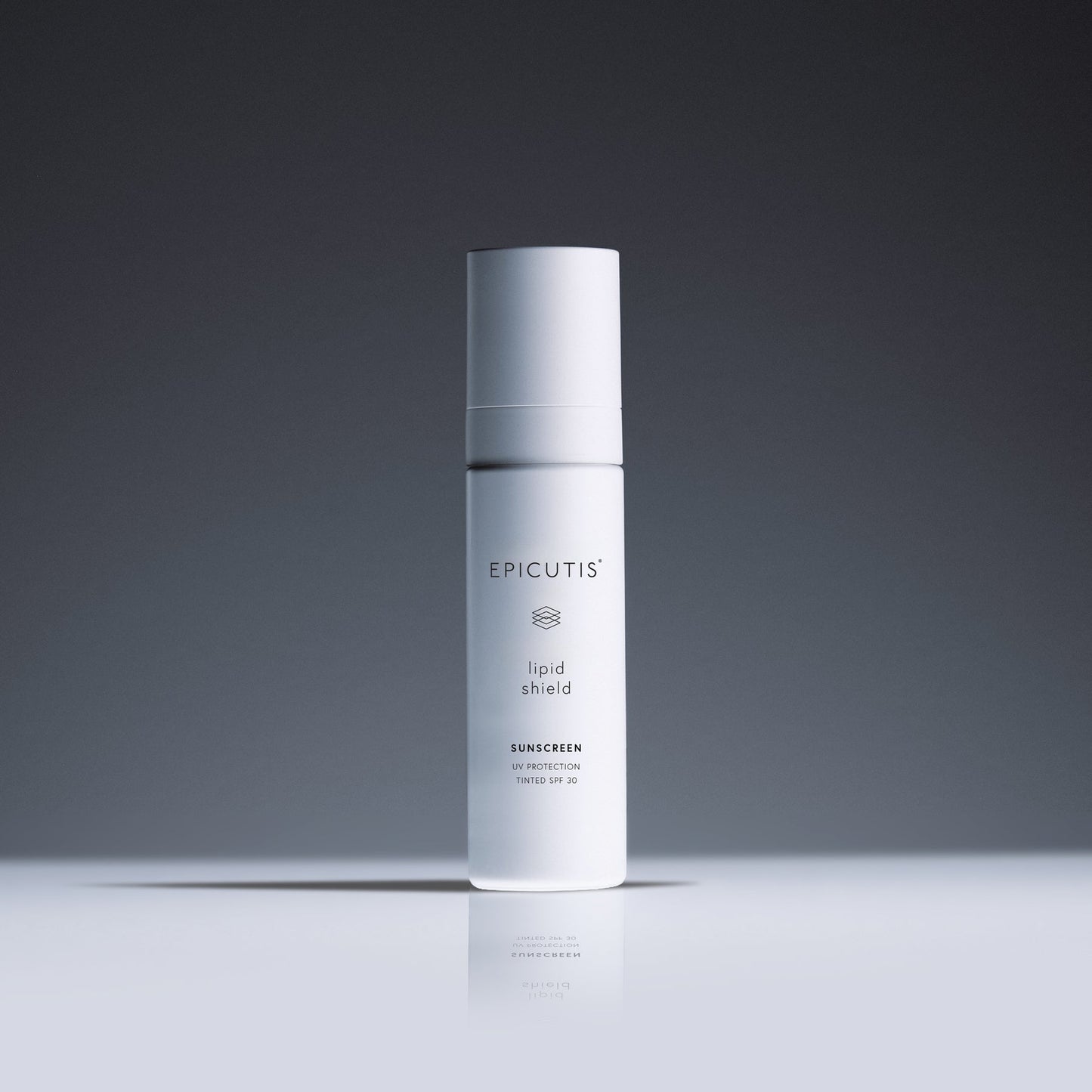 Epicutis liquid shield sunscreen bottle on a gray background