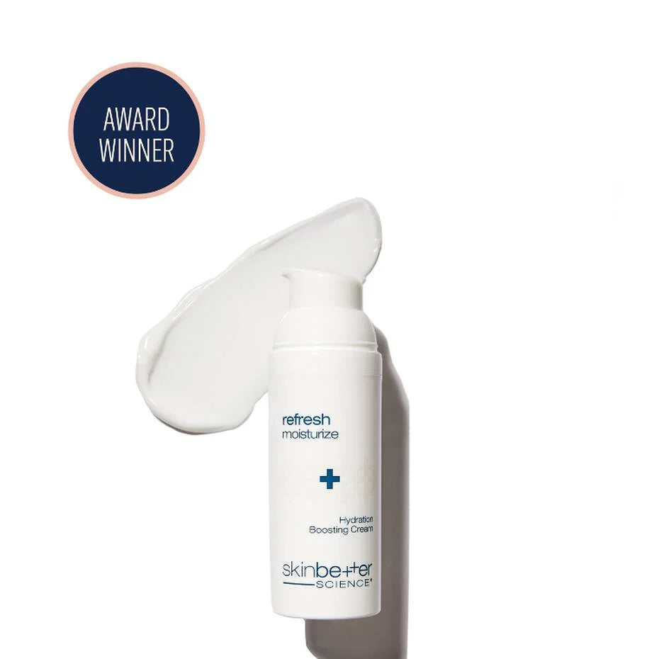 Skincare bottle labeled 'refresh moisturize' with 'award winner' badge on a white background