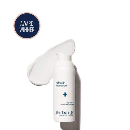 Skincare bottle labeled 'refresh moisturize' with 'award winner' badge on a white background